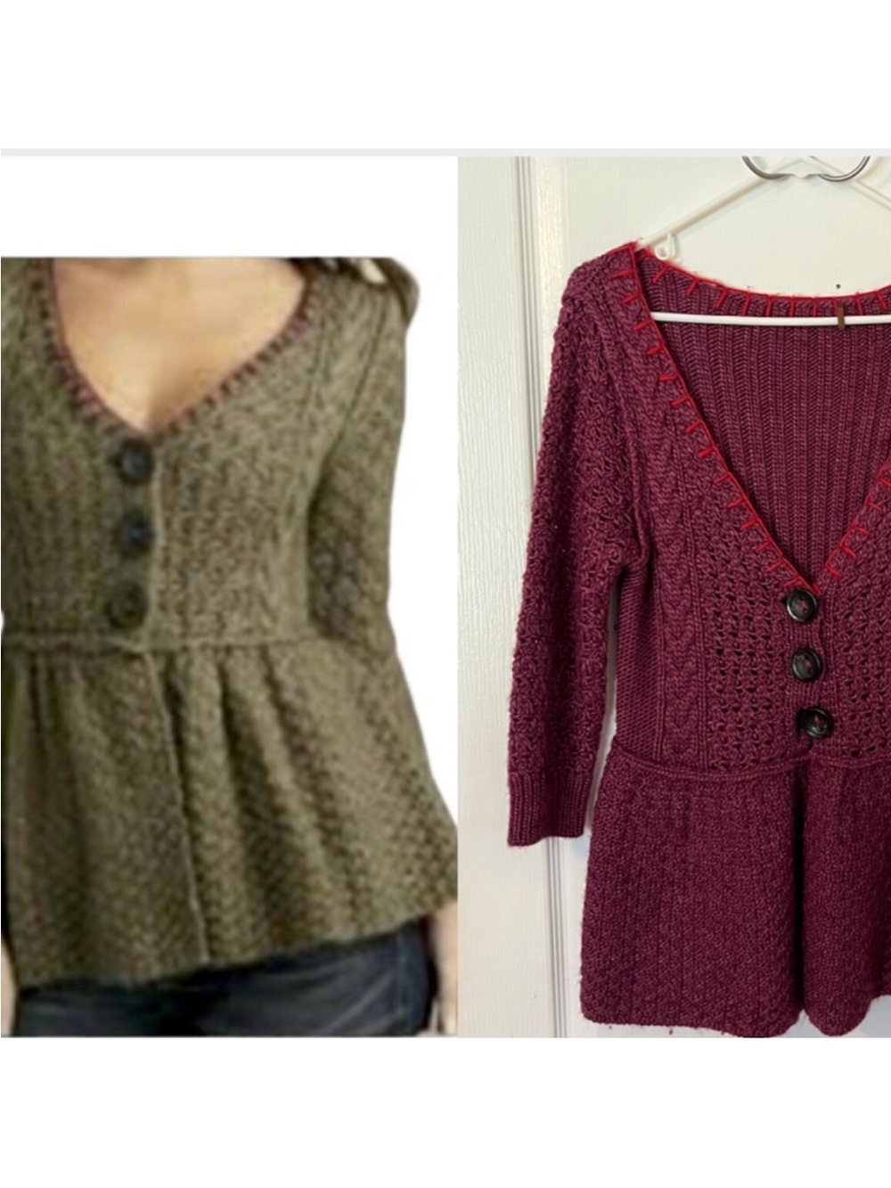 Free People Purple V-Neck Peplum Button Knit Sweater